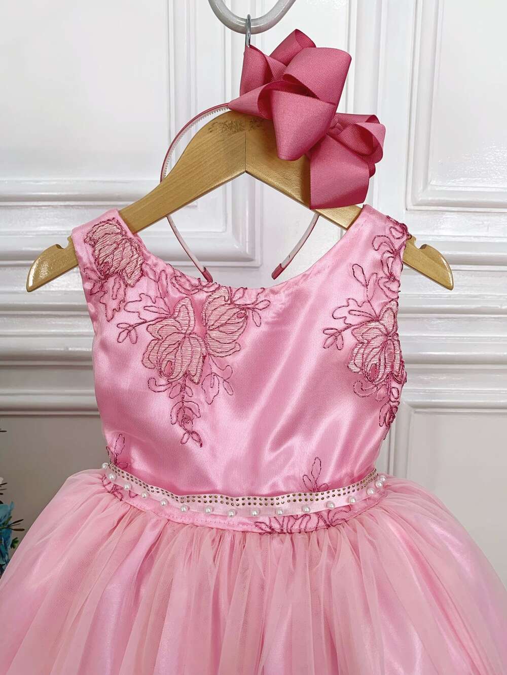 Vestido Infantil Rosa Damas de Honra Cinto Pérola Strass