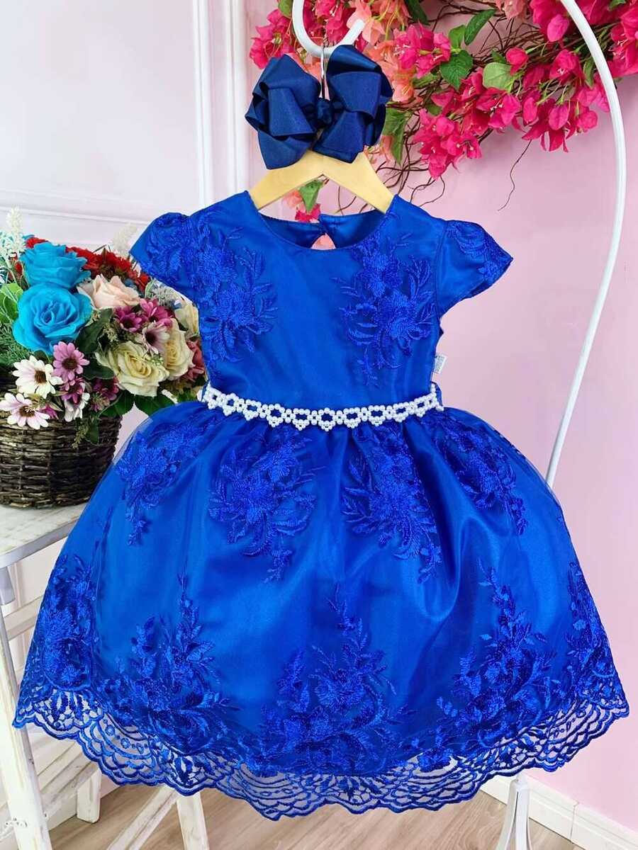 Vestido Infantil Azul Royal C/ Renda Realeza Cinto Pérolas