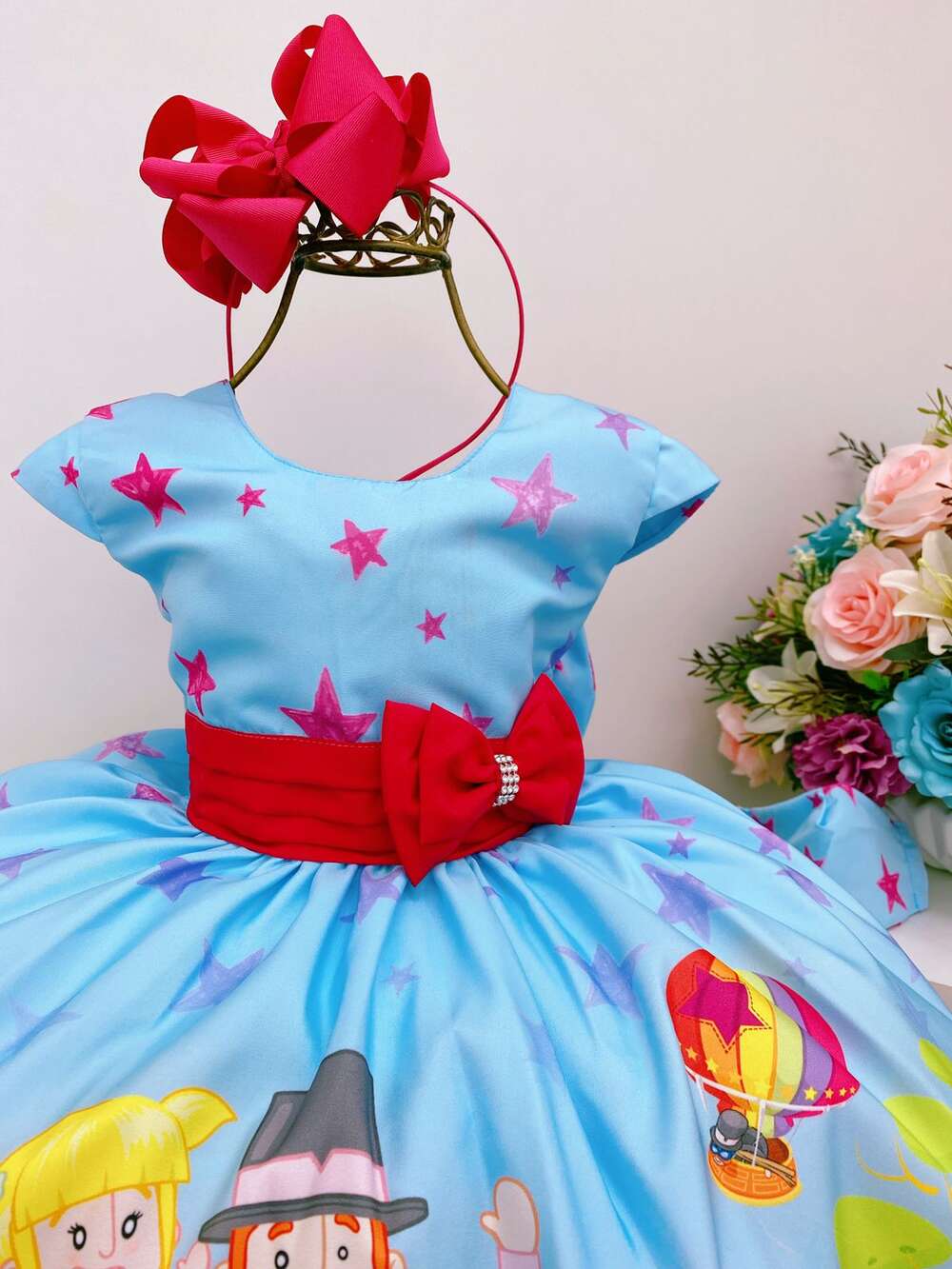 Vestido Infantil Mundo Bita Azul Pink Estrelas Luxo