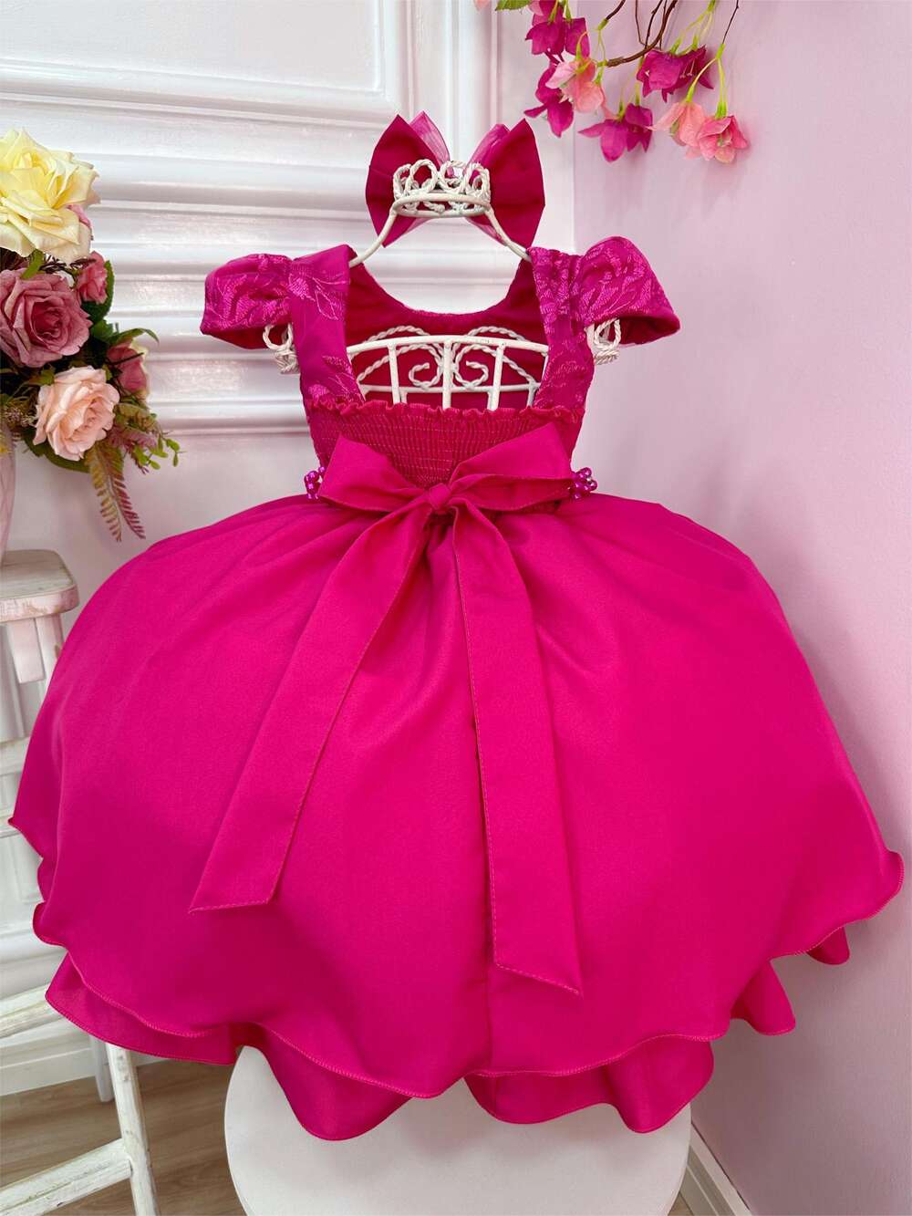 Vestido Infantil Pink C/ Laço e Renda Cinto de Pérolas