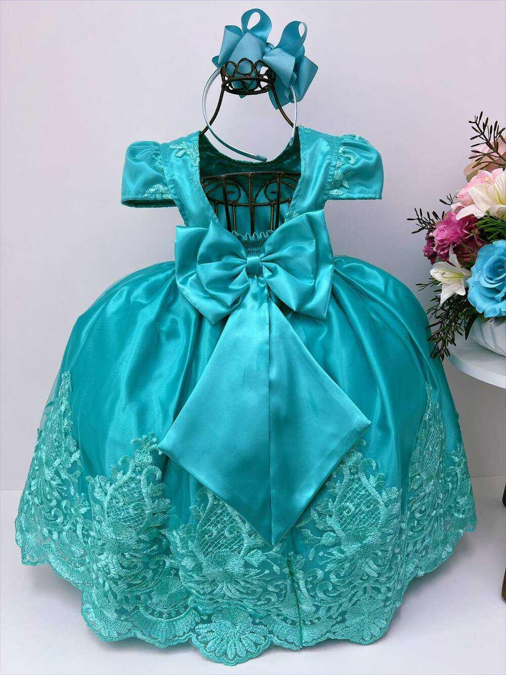 Vestido Infantil Verde Rendado Casamento Damas Luxo Pérolas