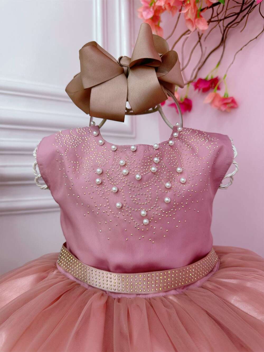 Vestido Infantil Rose C/ Strass Pérolas Damas Luxo