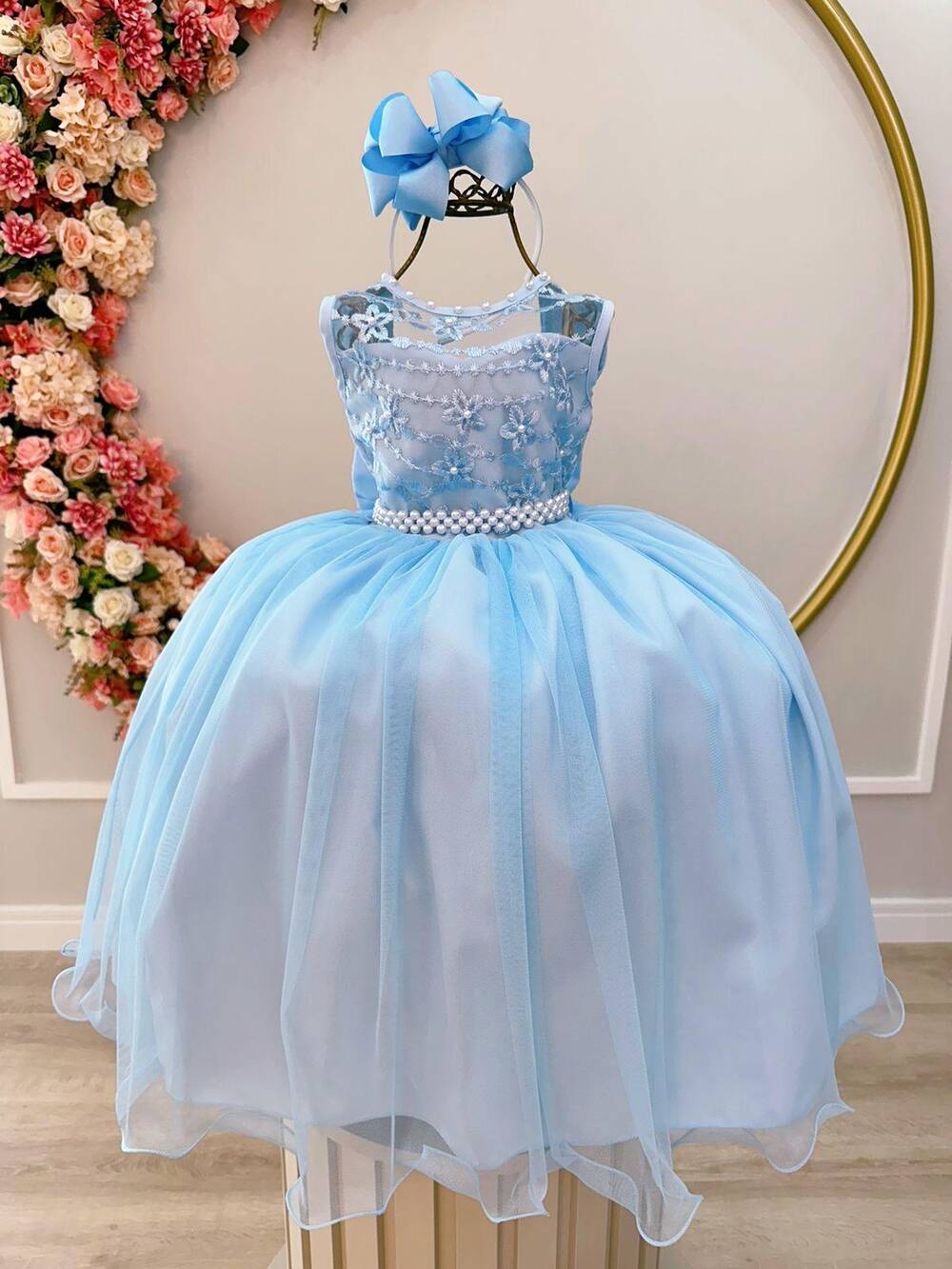 Vestido Infantil Azul C/ Renda Damas e Cinto de Pérolas