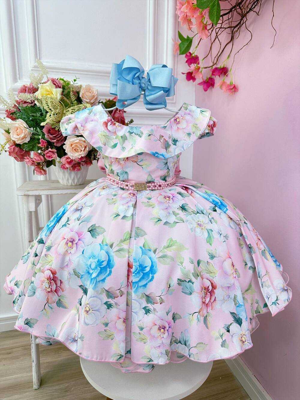 Vestido Infantil Rosa Jardim Encantado Cinto Pérolas Festas