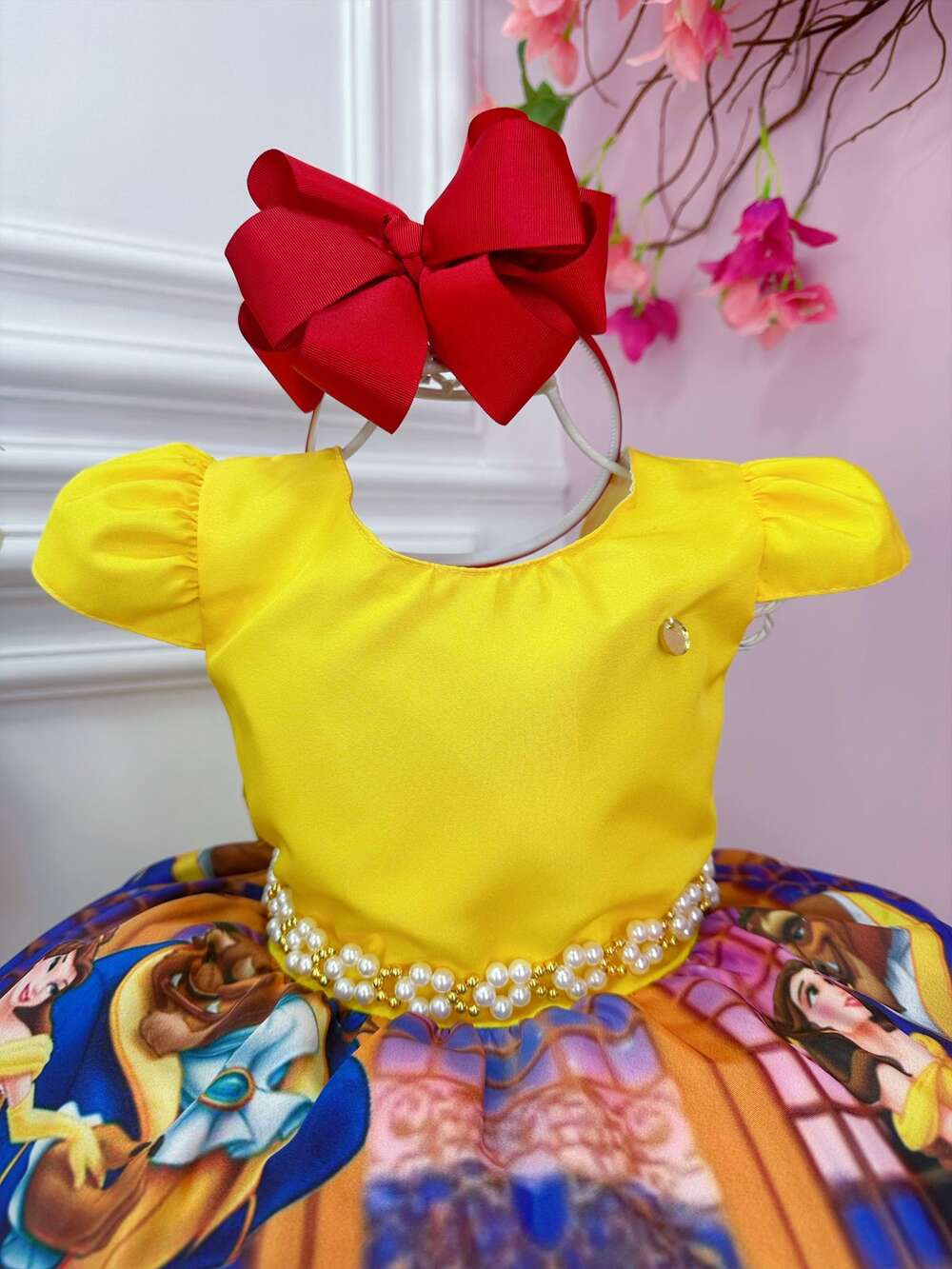 Vestido Infantil Bela e a Fera Amarelo C/ Cinto de Pérolas