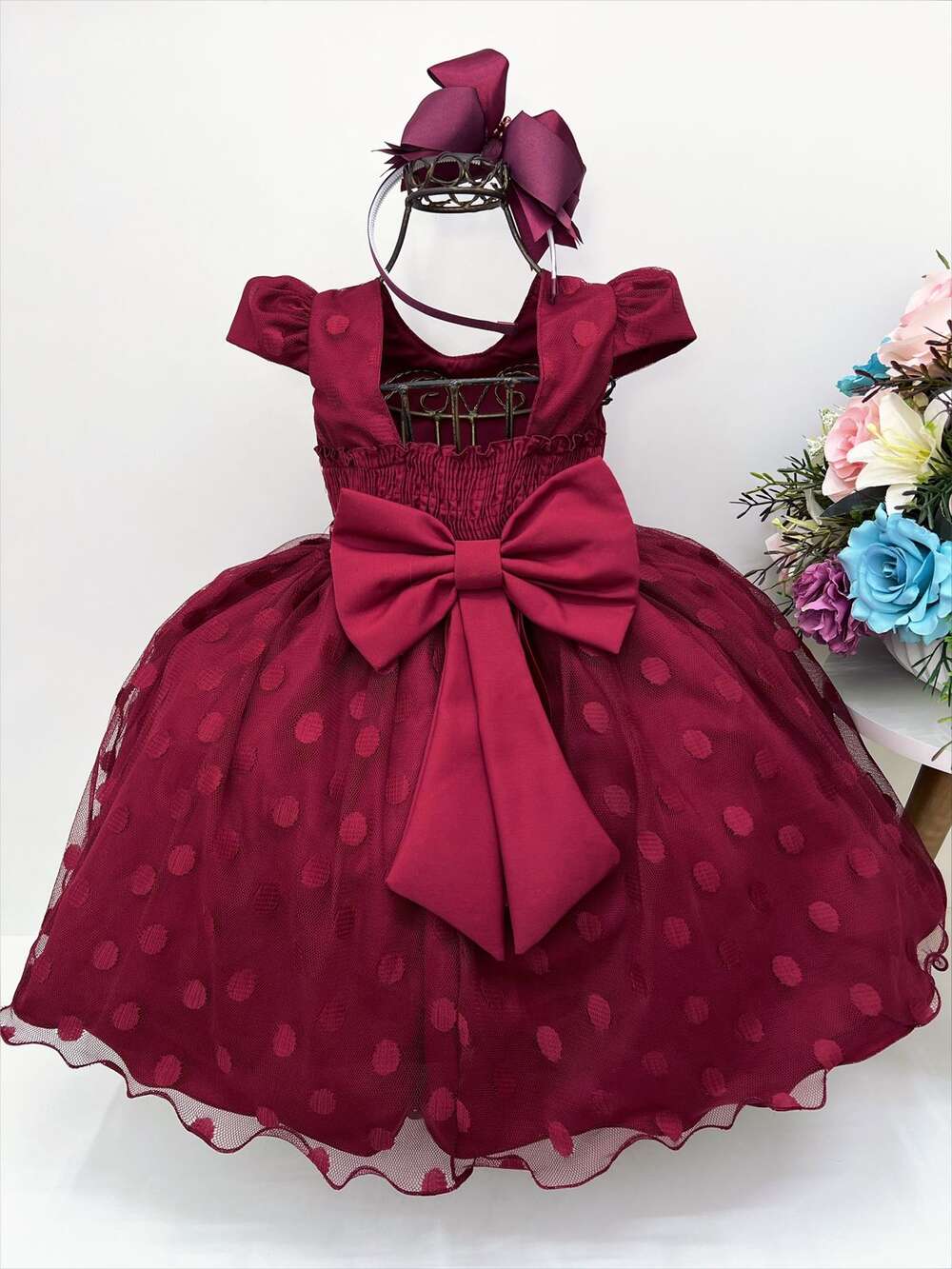 Vestido Infantil Marsala Tule Com Bolinhas Strass C/ Pérolas