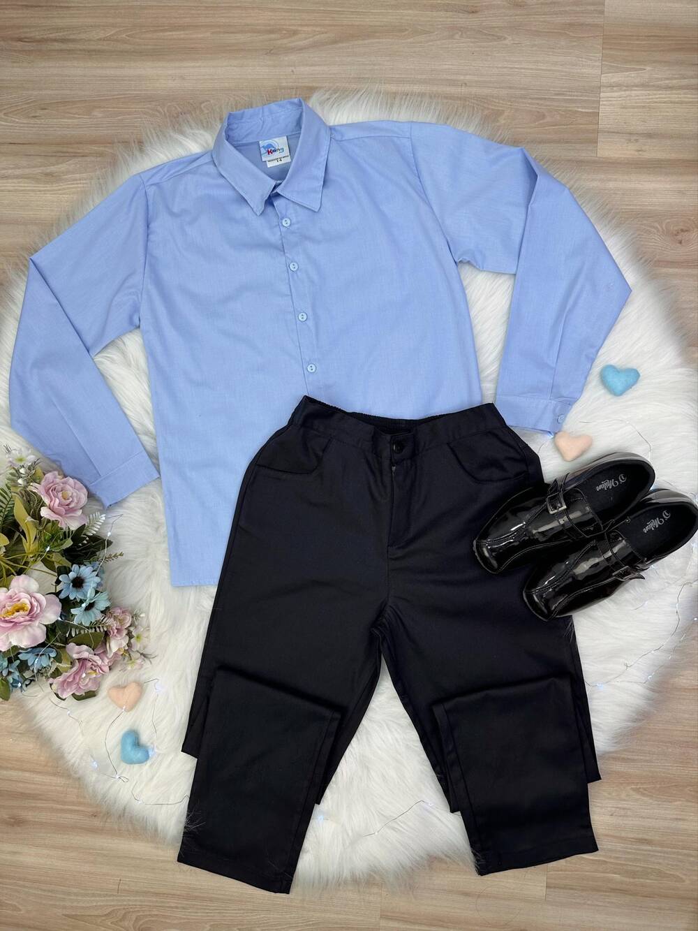 Conjunto Social Camisa Azul e Calça Preto em Algodão