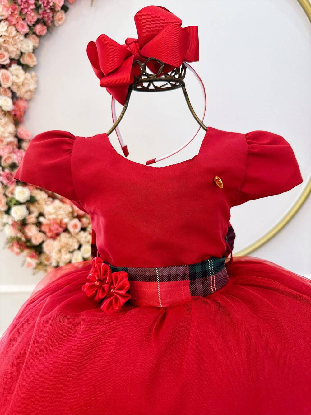 Vestido Infantil Vermelho C/ Broche de Flores Natal Festas