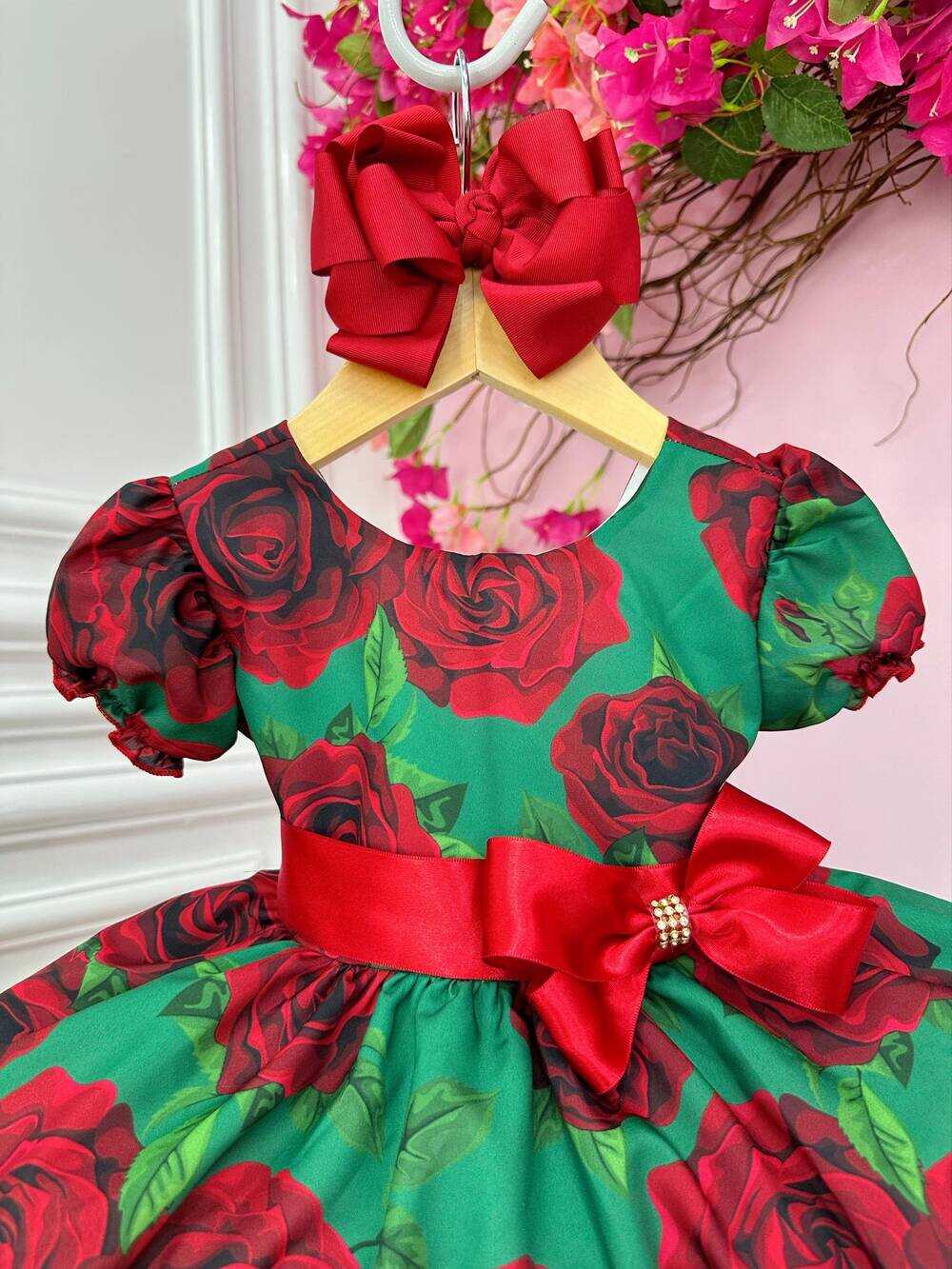 Vestido Infantil Verde Florido de Rosas Natal Festas Luxo