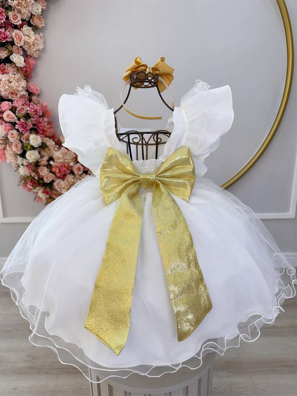 Vestido Infantil Off White C/ Broches Dourados Natal Festas