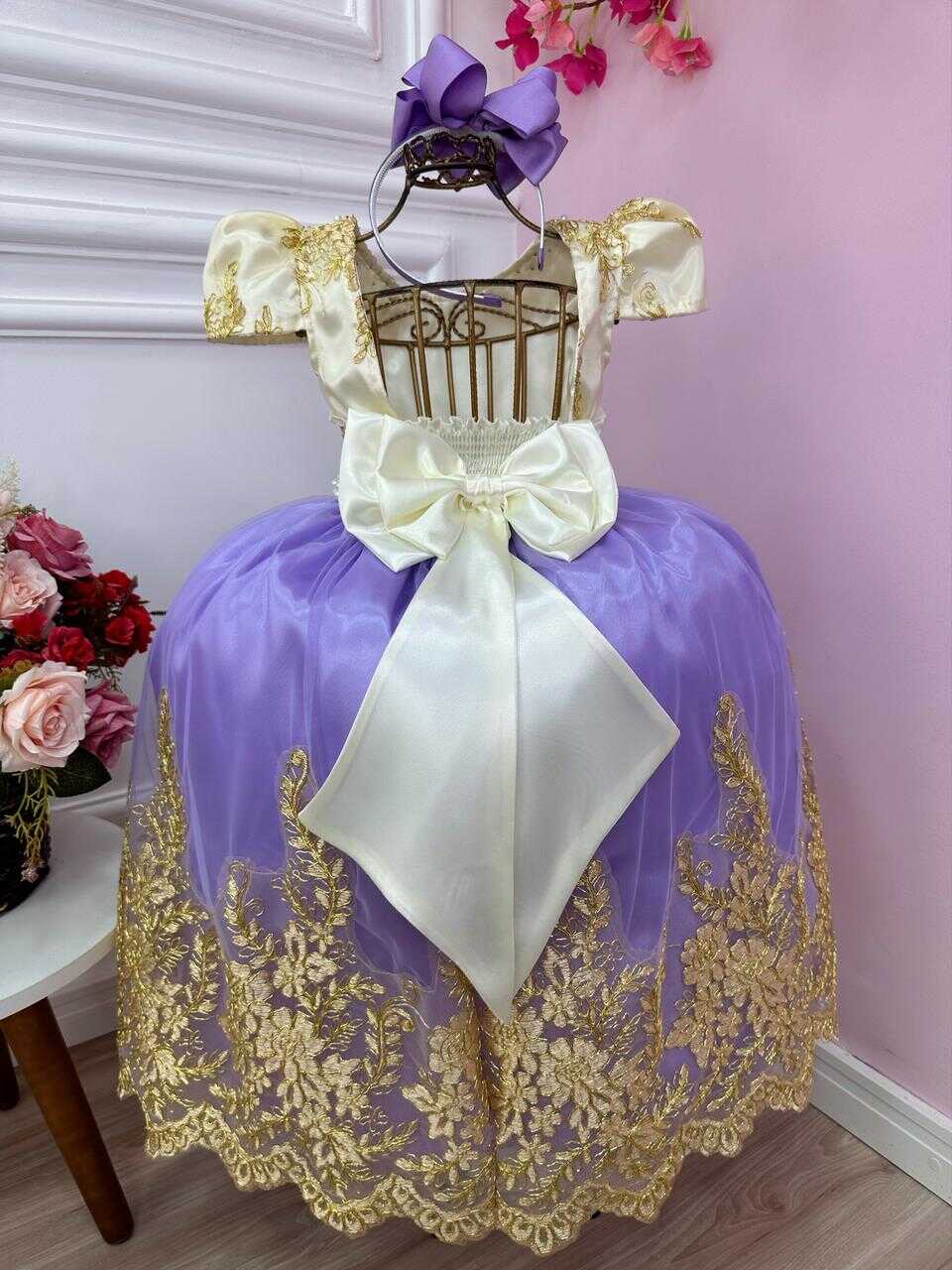 Vestido Infantil Marfim Com Lilás e Renda Realeza