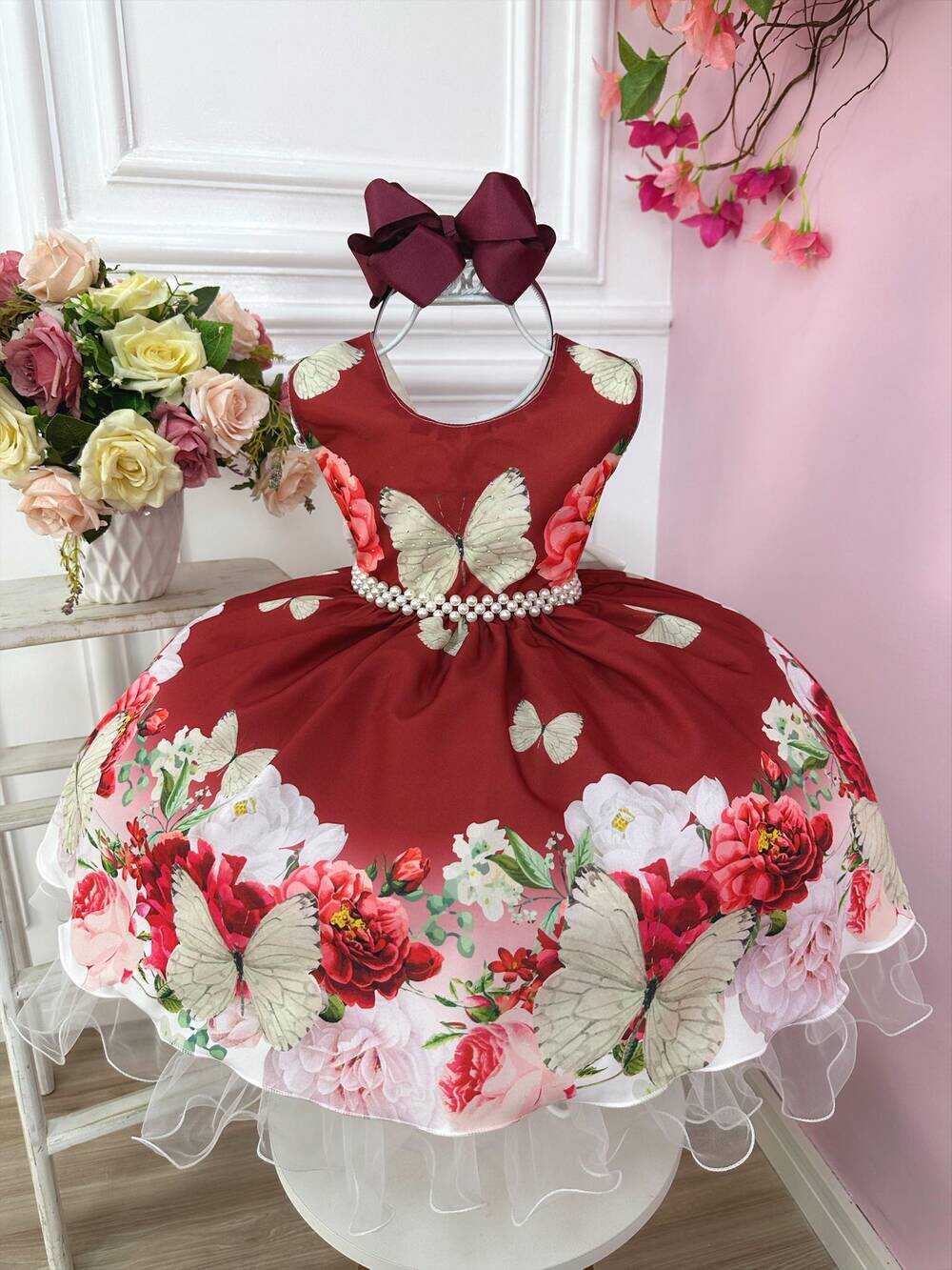 Vestido Infantil Marsala Jardim Das Borboletas Damas Floral