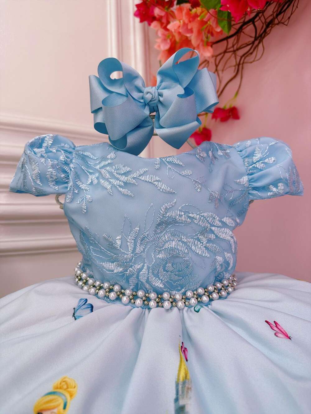 Vestido Infantil Princesa Cinderela Azul C/ Renda e Pérolas