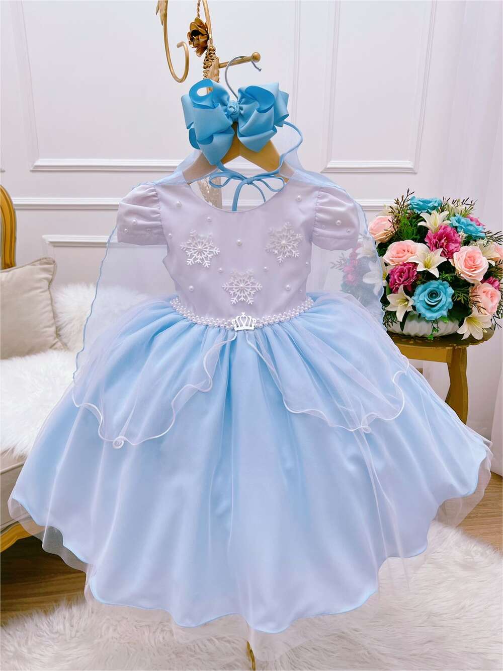 VESTIDO INFANTIL FROZEN COM CAPA PÉROLAS FESTAS DE PRINCESAS