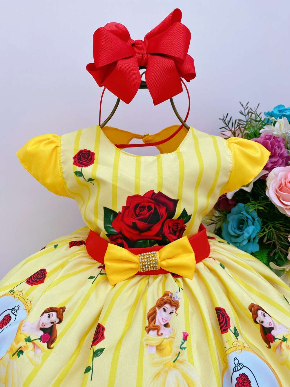 Vestido Infantil Bela e a Fera Amarelo Vermelho Flores Luxo