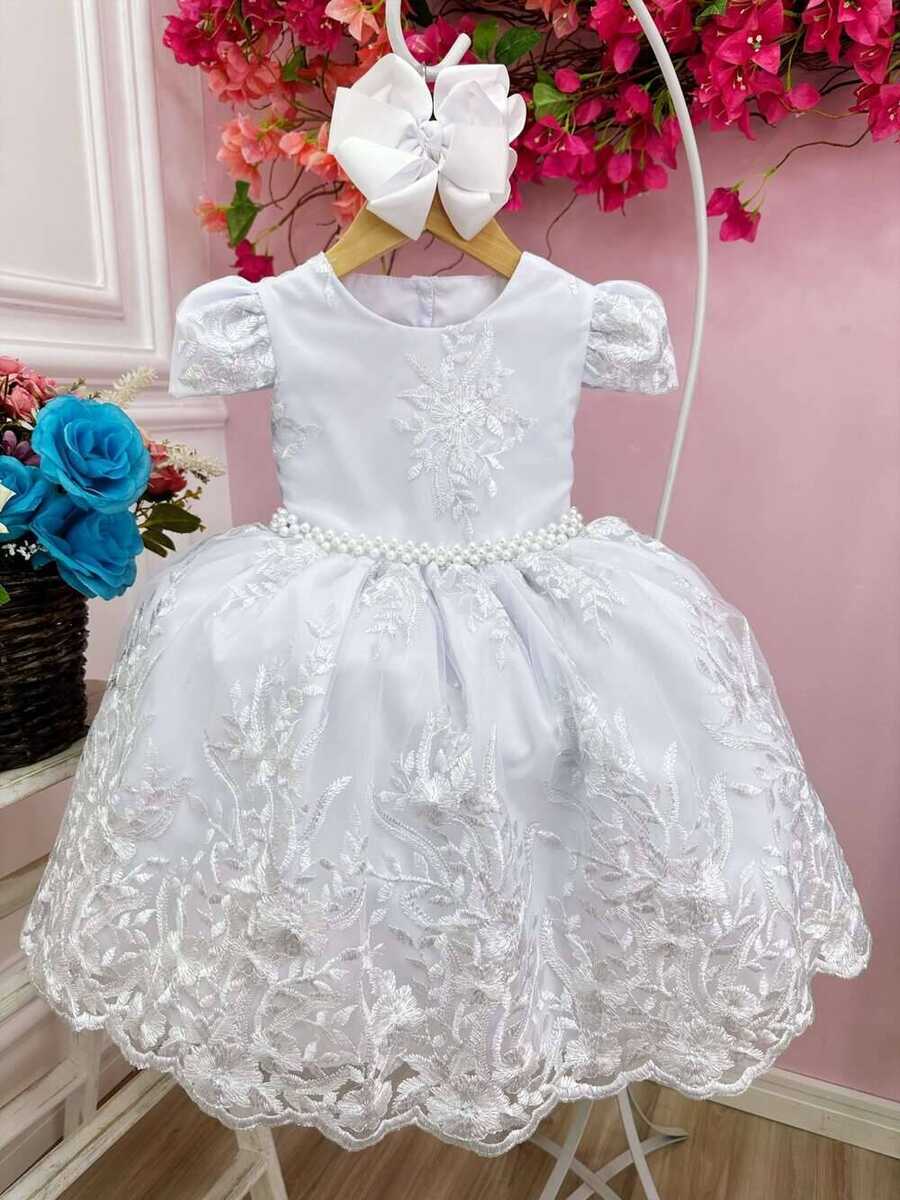 Vestido Infantil Branco Renda Realeza e Cinto de Pérolas