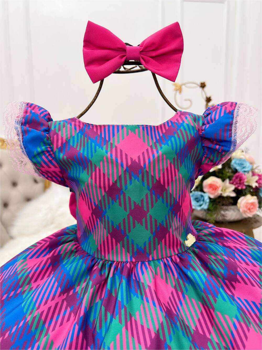 Vestido Infantil Azul Royal Colorido Xadrez C/ Laço Luxo
