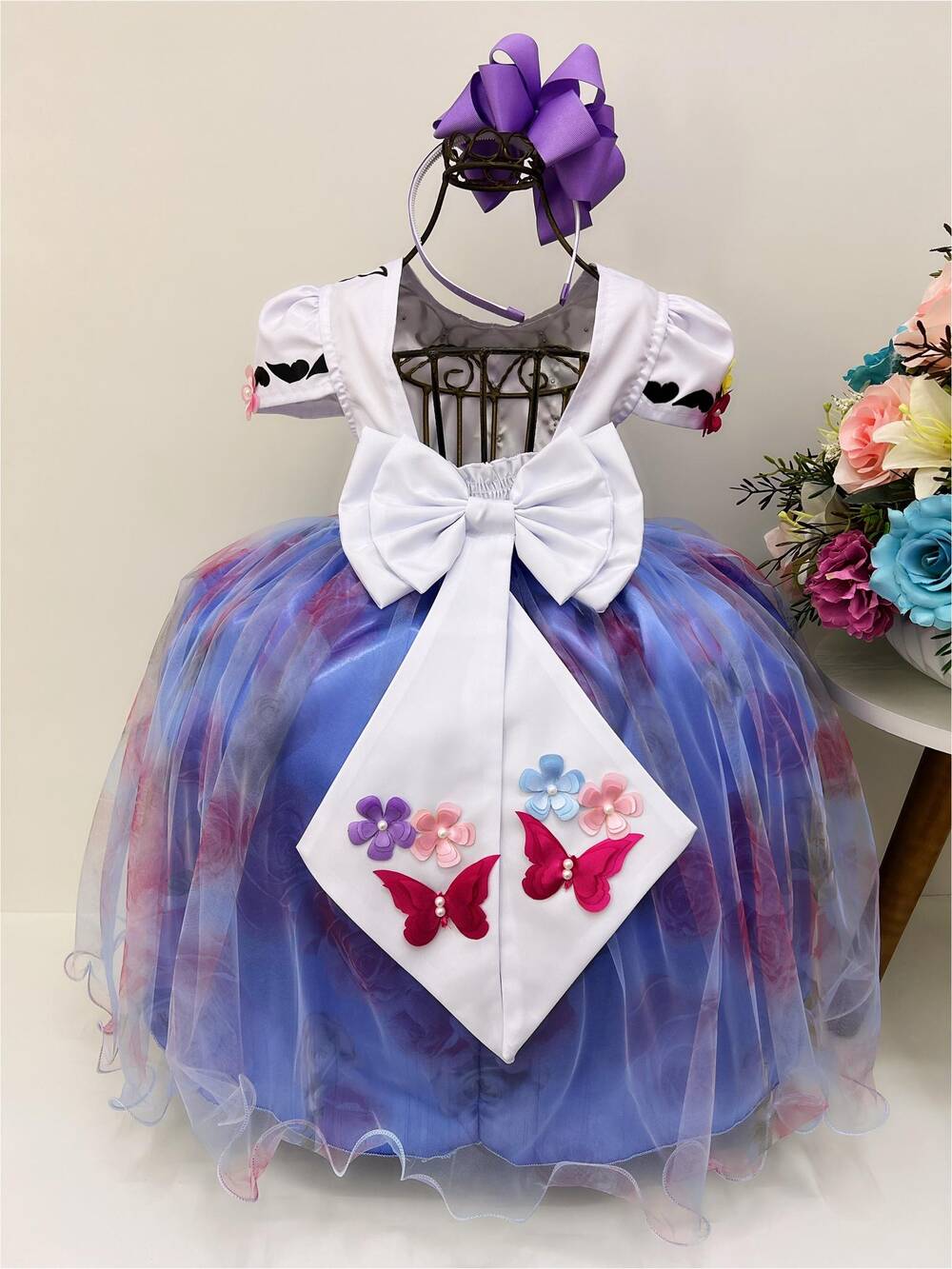 Vestido Infantil Encanto Aplique Flores Borboletas Floral Jardim Lilas