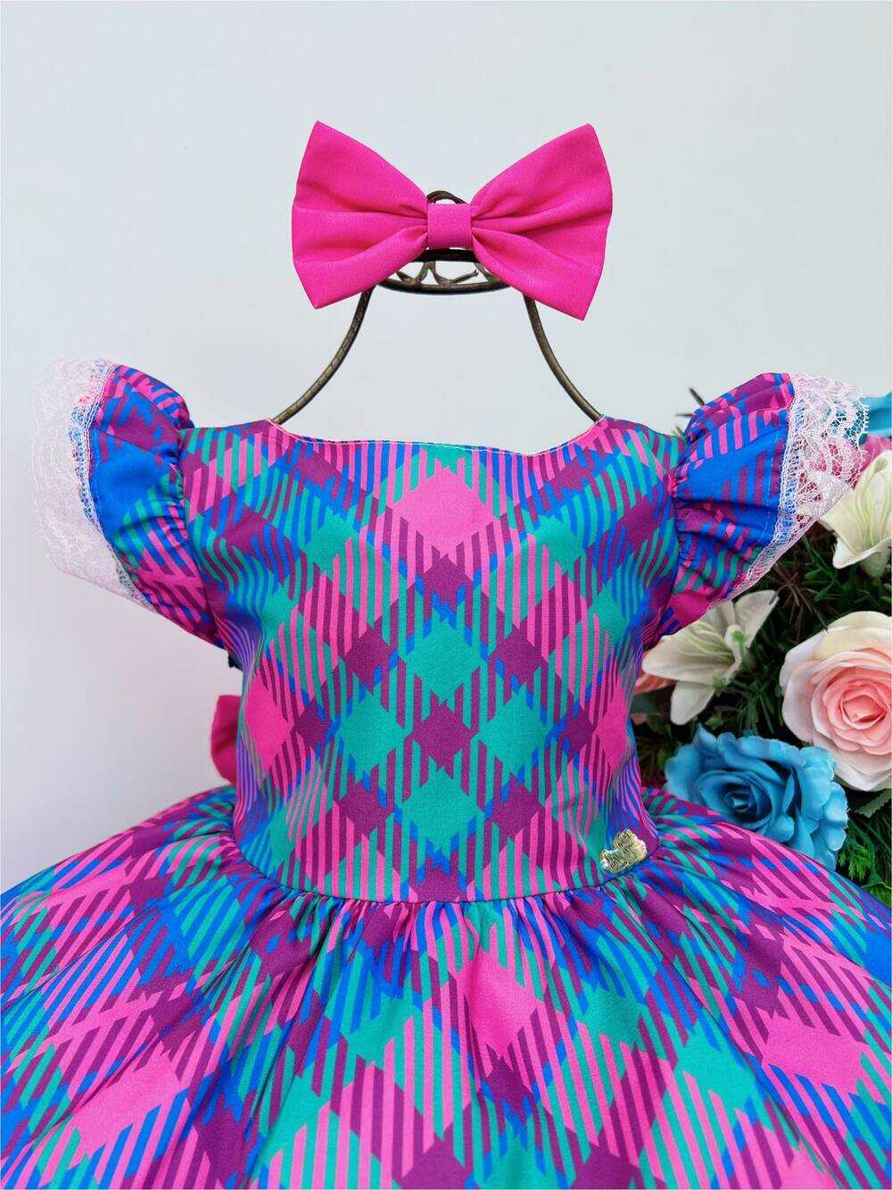 Vestido Infantil Azul Royal Colorido Xadrez C/ Laço Luxo