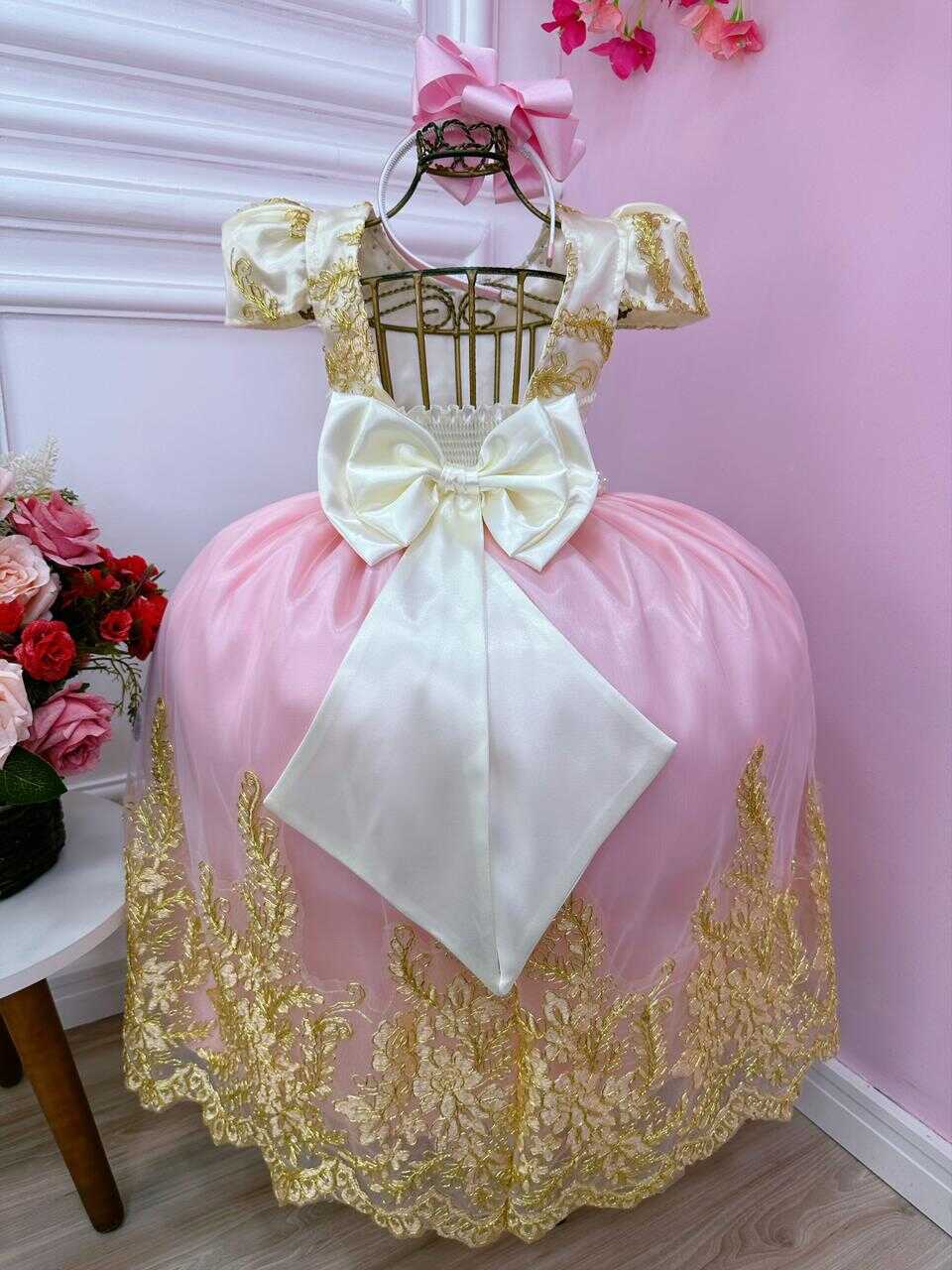 Vestido Infantil Marfim C/ Rosa Cinto Pérolas Renda Realeza