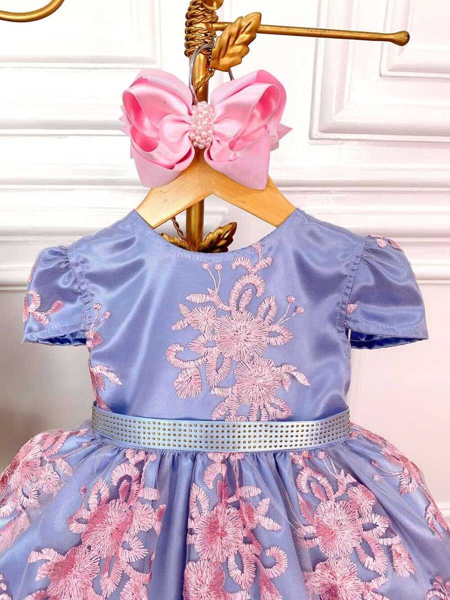 Vestido Infantil Azul Bordado e Renda Realeza Rosa C/ Strass