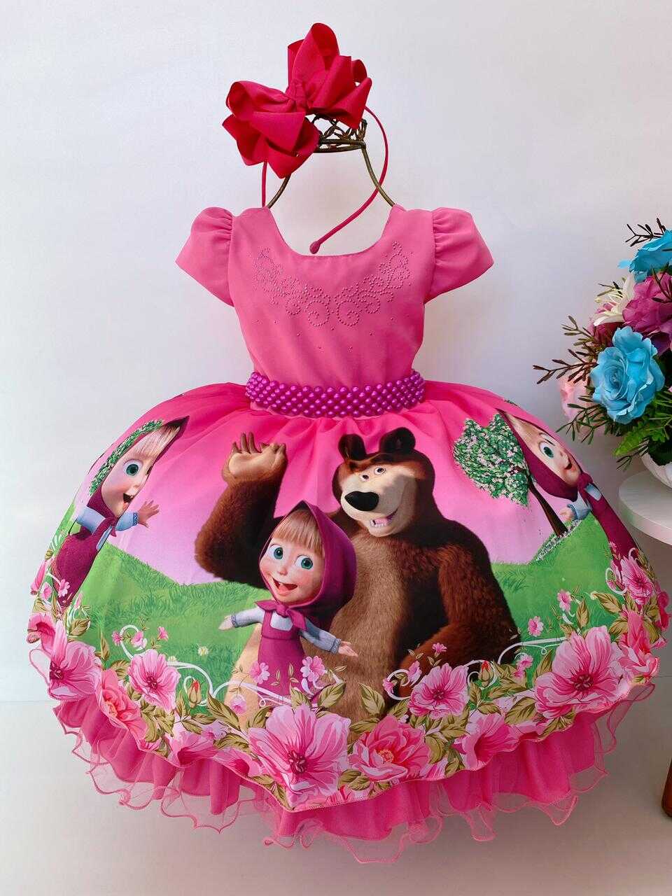 Vestido Infantil Masha e o Urso Pink Strass e Cinto de Pérolas