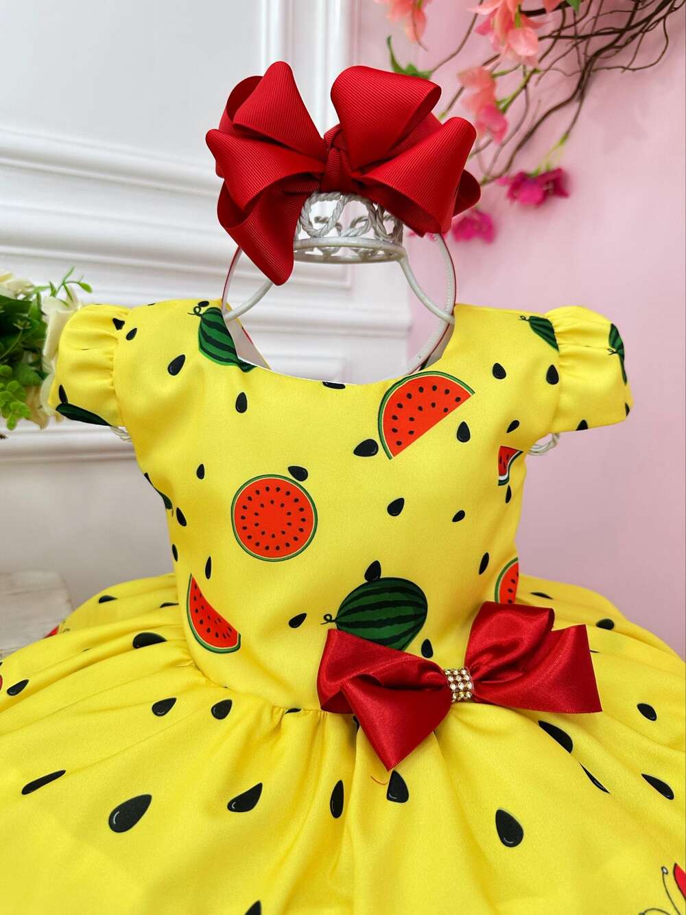 Vestido Infantil Magali Baby Amarelo Melancia C/ Broche Laço