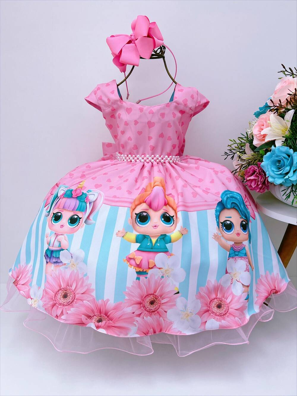 Vestido Infantil Rosa Lol Coração Cinto Pérolas S/ Máscara