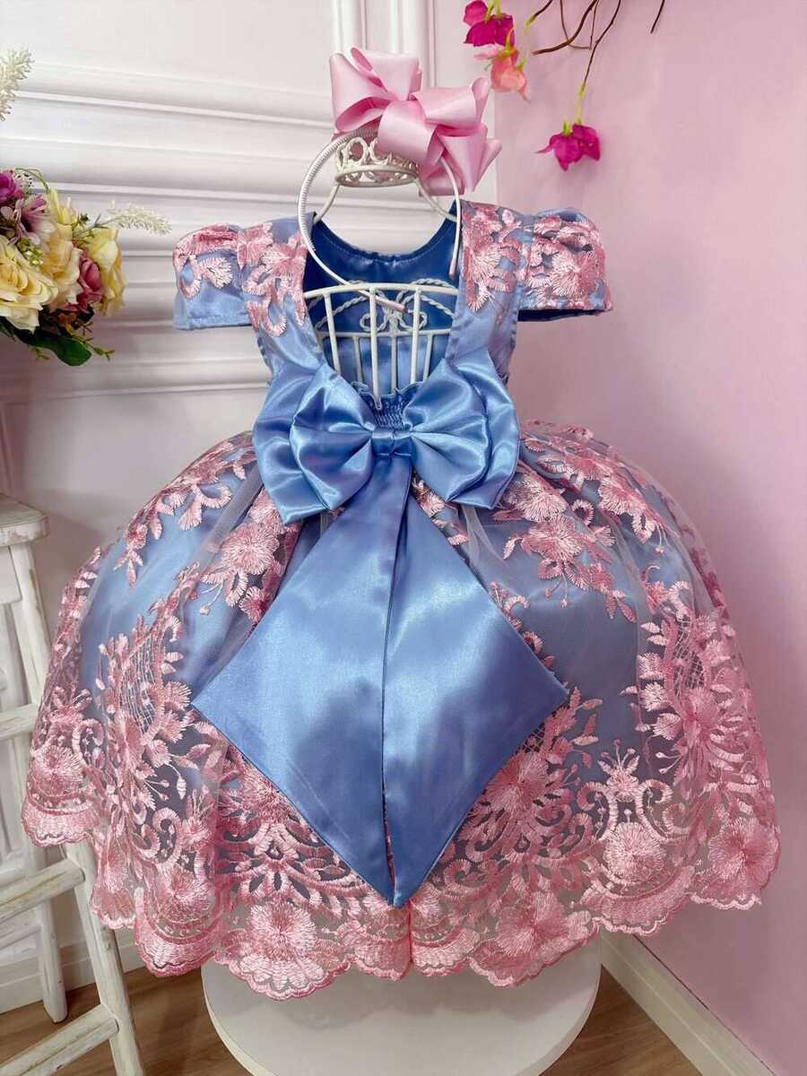 Vestido Infantil Azul Bordado e Renda Realeza Rosa C/ Strass