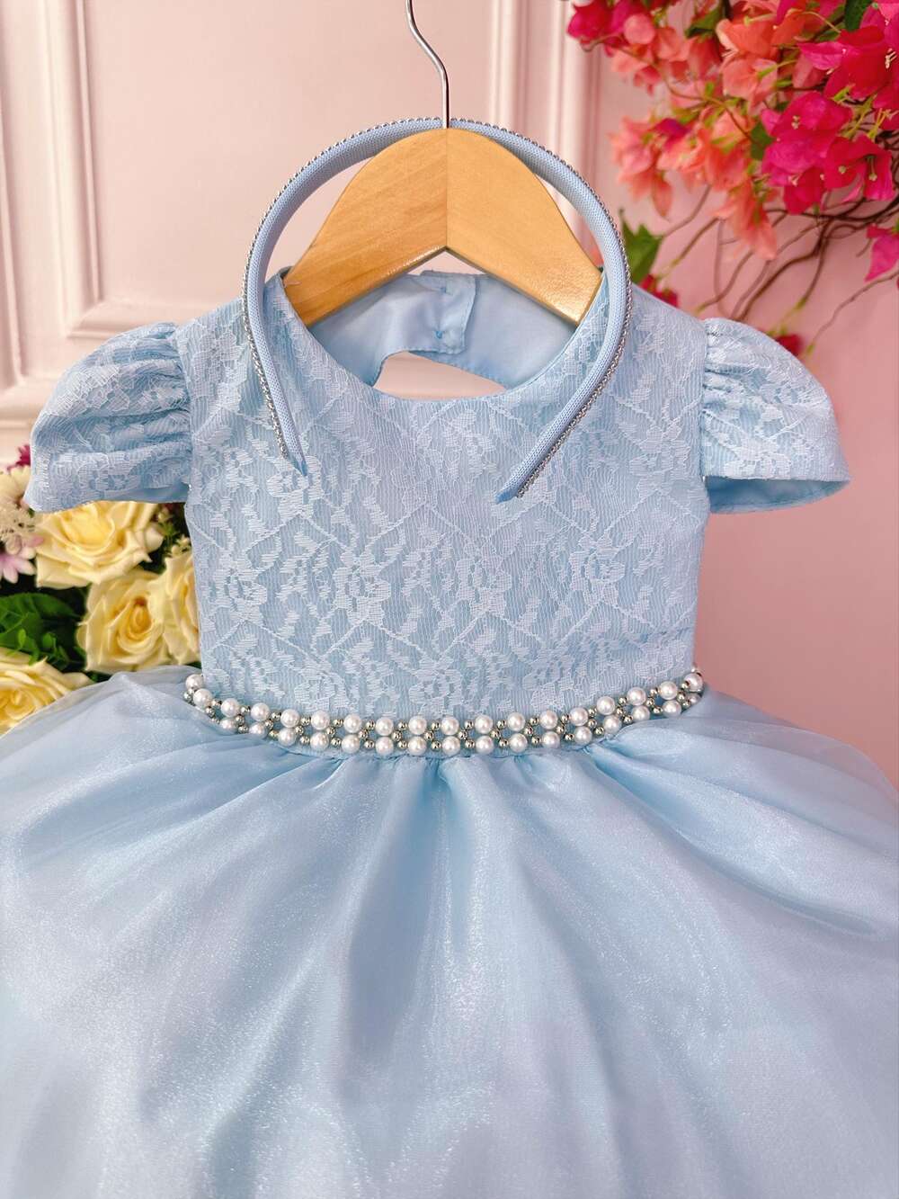 Vestido Infantil Azul C/ Renda e Cinto de Pérolas Tiara