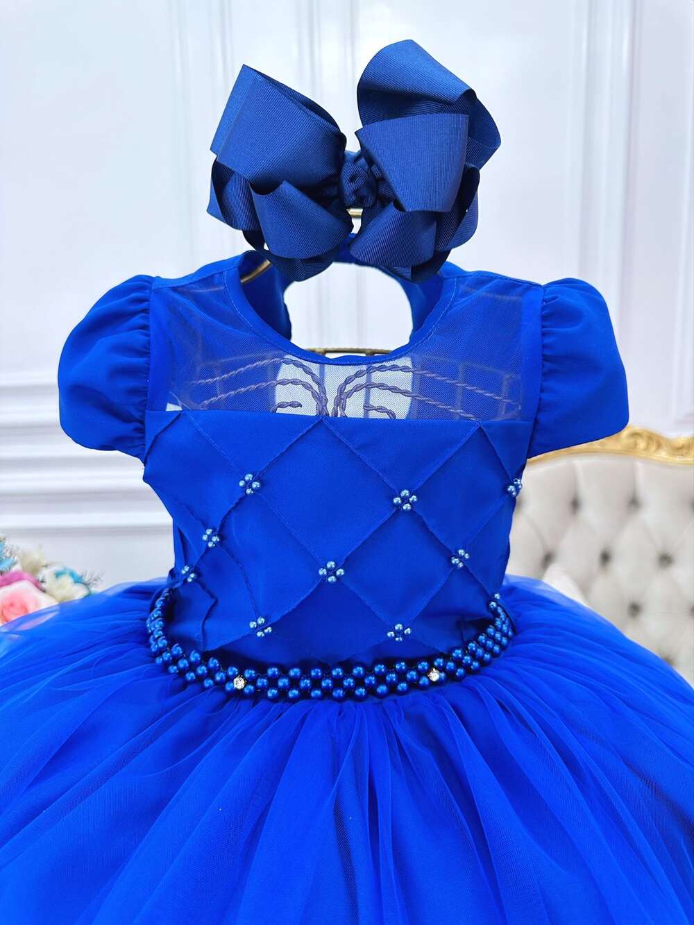 Vestido Infantil Azul Royal C/ Busto Nervura e Pérolas Damas