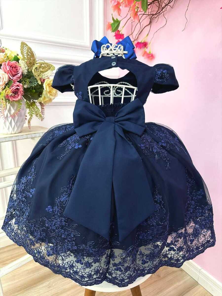 Vestido Infantil Azul Marinho C/ Renda Realeza Cinto Pérolas