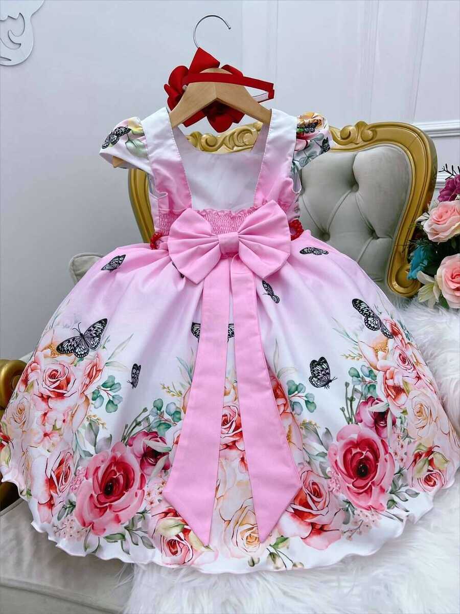 Vestido Infantil Rosa e Branco Borboletas Cinto de Pérolas