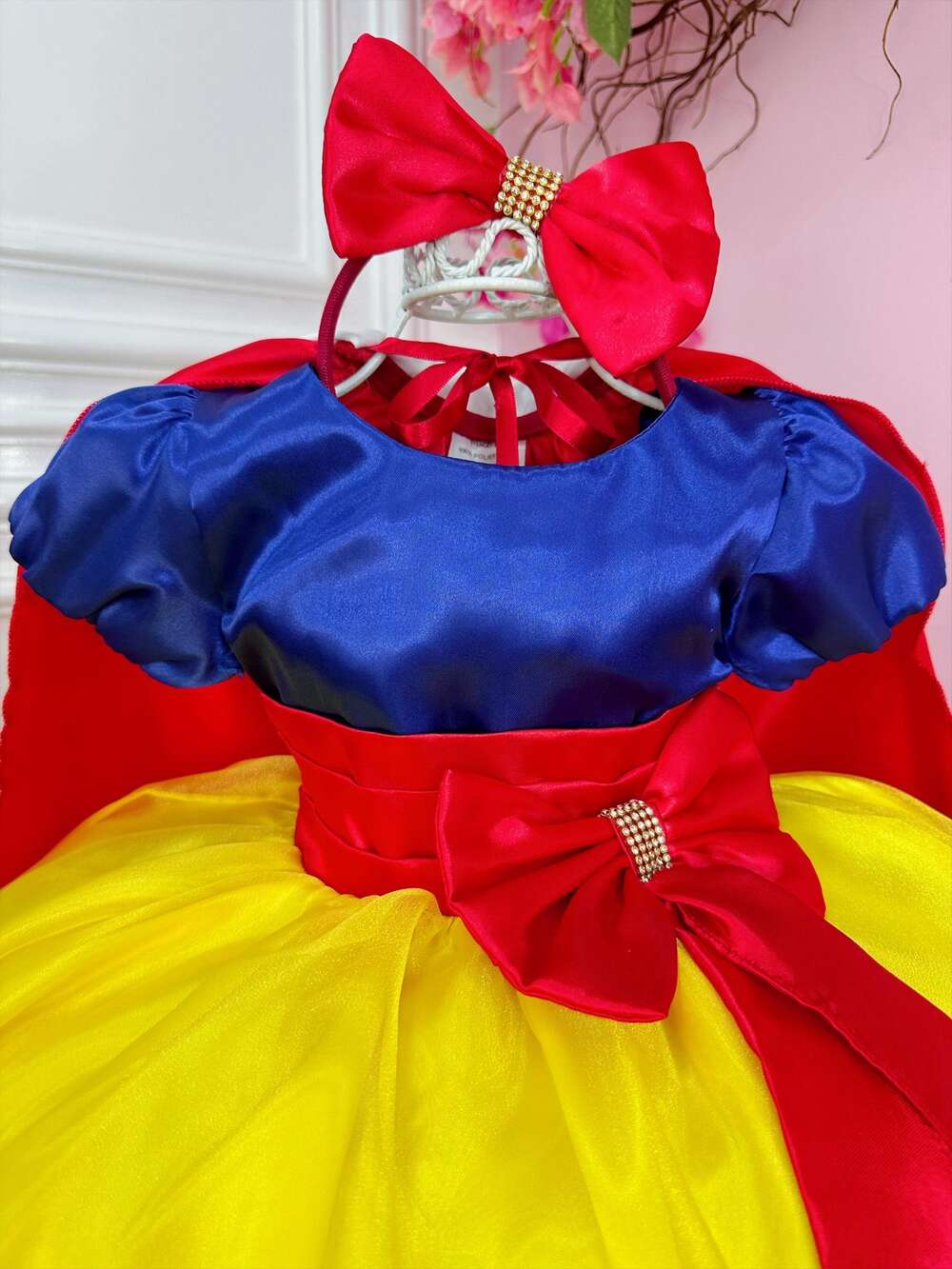 Vestido Fantasia Infantil Branca de Neve Capa e Tiara e Luva