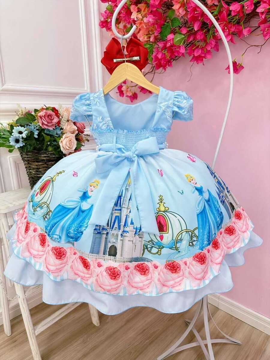 Vestido Infantil Princesa Cinderela Azul C/ Renda e Pérolas