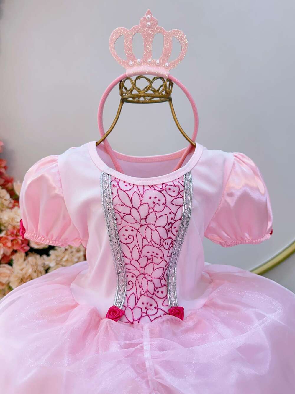 Kit Princesa Fantasia Infantil Aurora Com Luva e Tiara Luxo