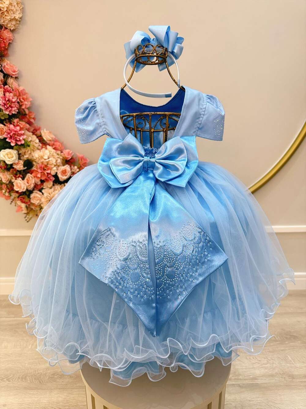 Vestido Infantil Azul Bebê Damas C/ Strass Luxo