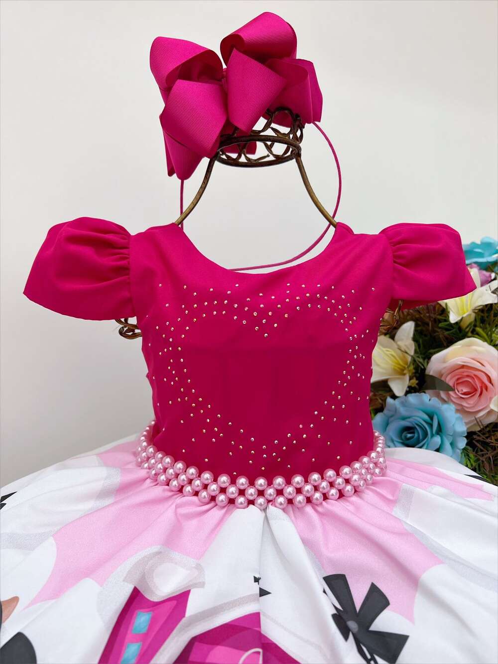 Vestido Infantil Fazendinha Pink Floral C/ Pérolas e Strass