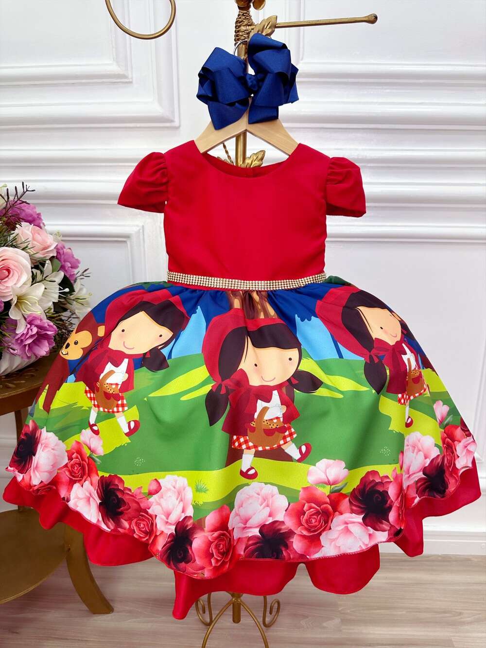 Vestido Infantil Chapeuzinho Vermelho Floral com Capuz