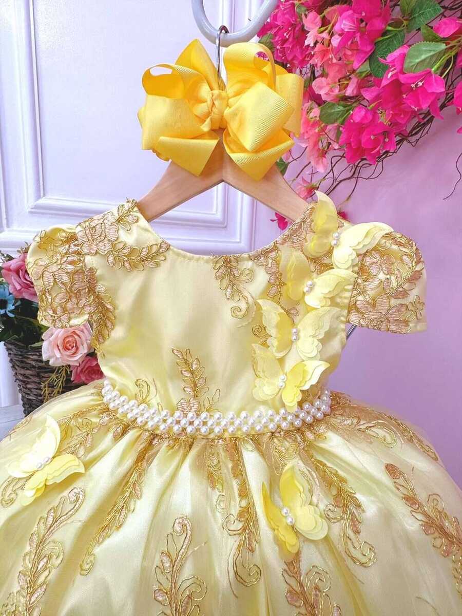 Vestido Infantil Amarelo Renda Realeza e Aplique Borboletas