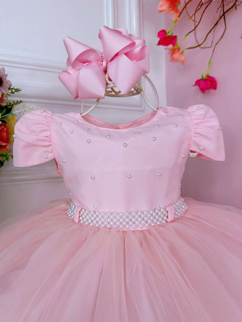 Vestido Infantil Rosa C/ Pérolas no Peito e Cinto Luxo