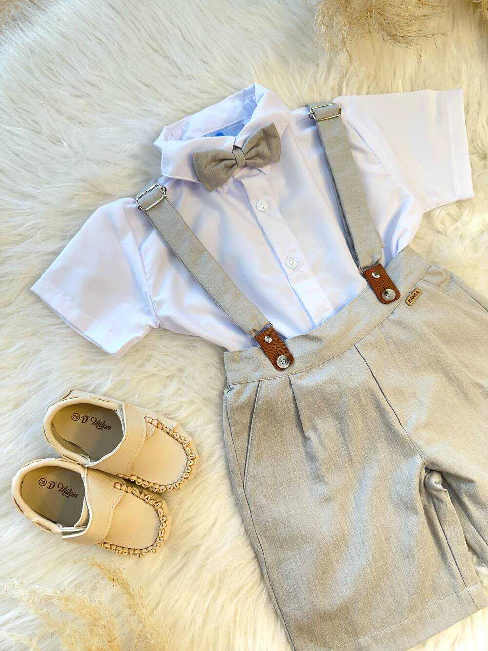 Conjunto Social Camisa Short Gravata e Susp. Cinza