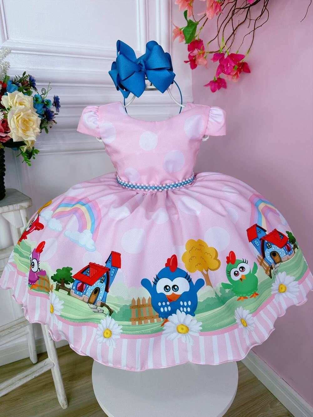 Vestido Infantil Rosa Galinha Pintadinha na Fazenda Luxo