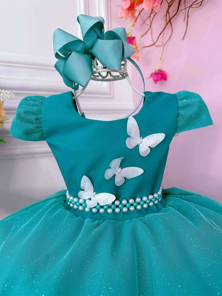 Vestido Infantil Verde Tiffany Glitter Aplique de Borboletas