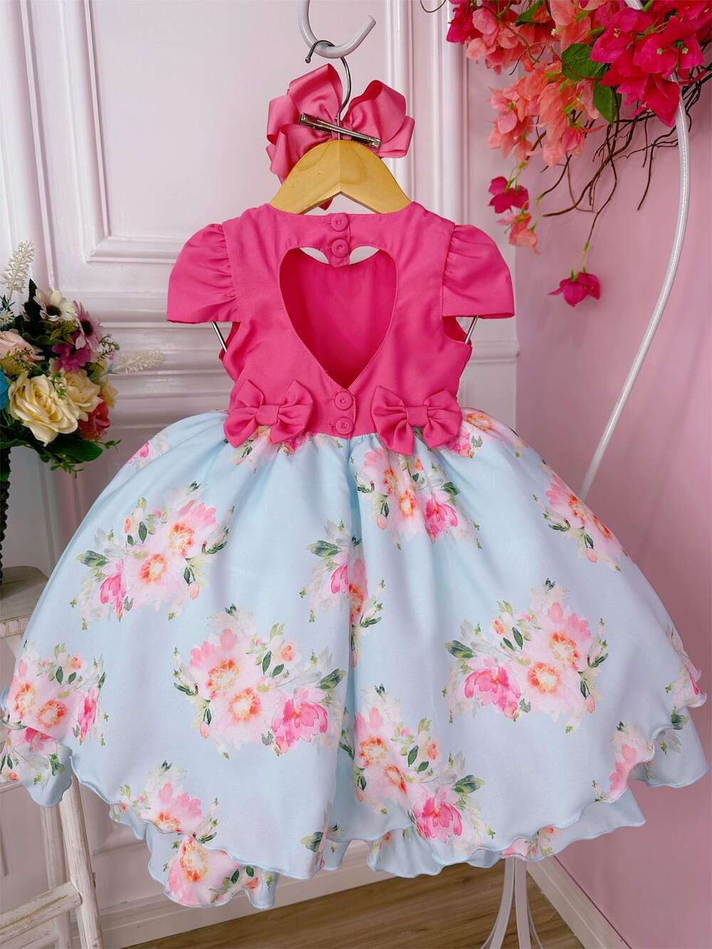 Vestido Infantil Rosa Chiclete Peito Nervura Florido Pérolas