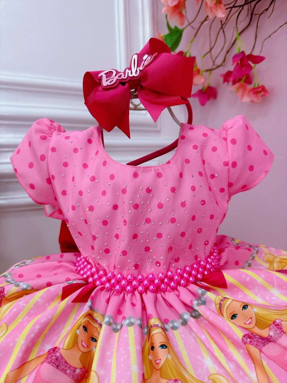 Vestido Infantil Barbie Rosa e Pink Peito C/ Strass Pérolas