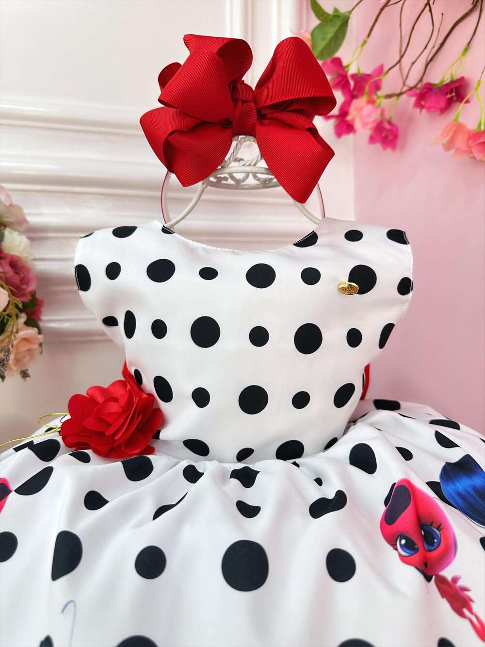 Vestido Infantil Lady Bug Branco e Preto Floral Vermelho