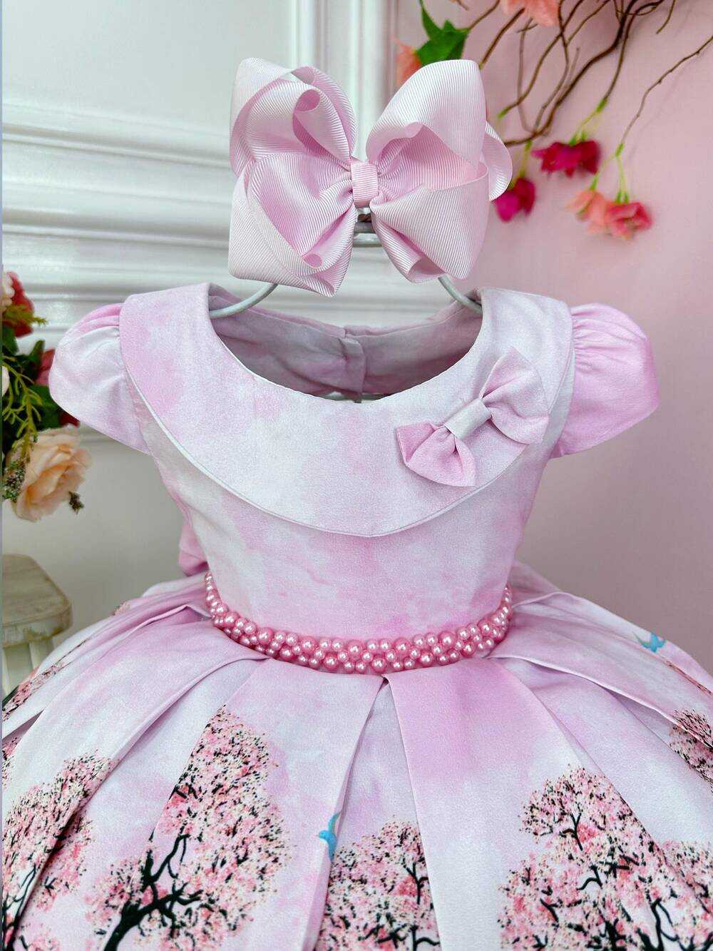 Vestido Infantil Rosa Bosque Jardim Encantado Cinto Pérolas