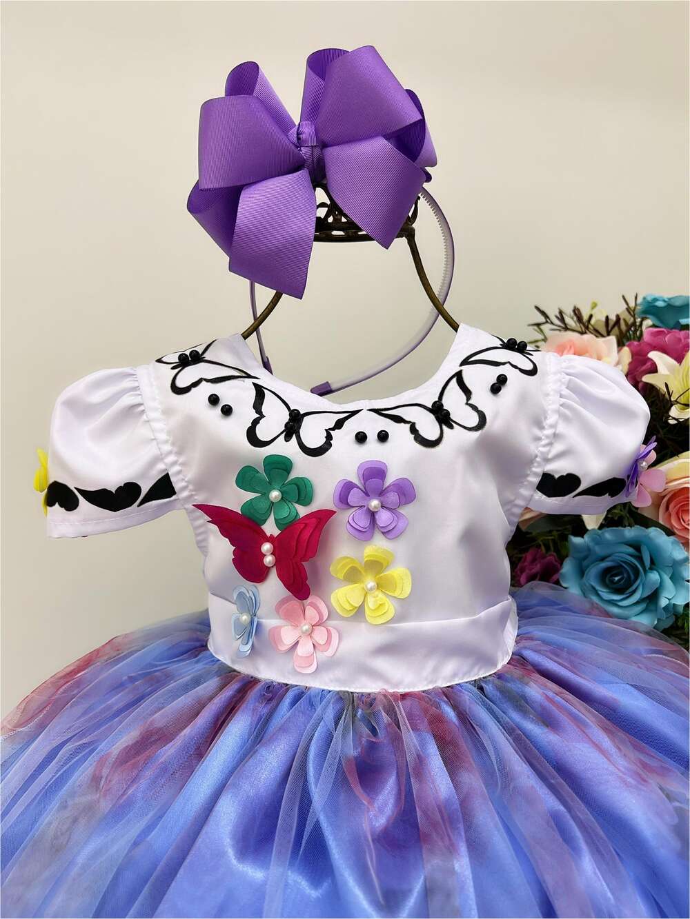 Vestido Infantil Encanto Aplique Flores Borboletas Floral Jardim Lilás