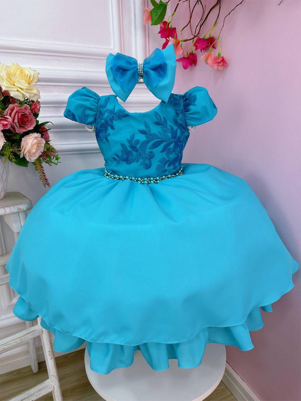 Vestido Infantil Verde Tiffany C/ Renda Laço e Cinto Pérolas